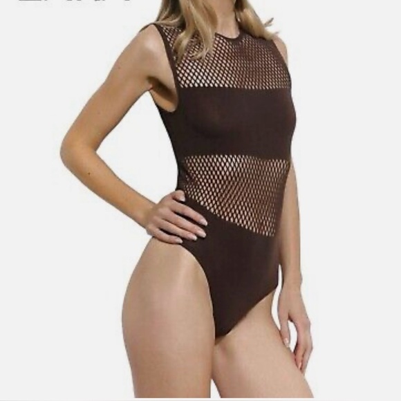 ZARA Net Mesh Panel Bodysuit in Chocolate Brown NWT - Picture 1 of 15